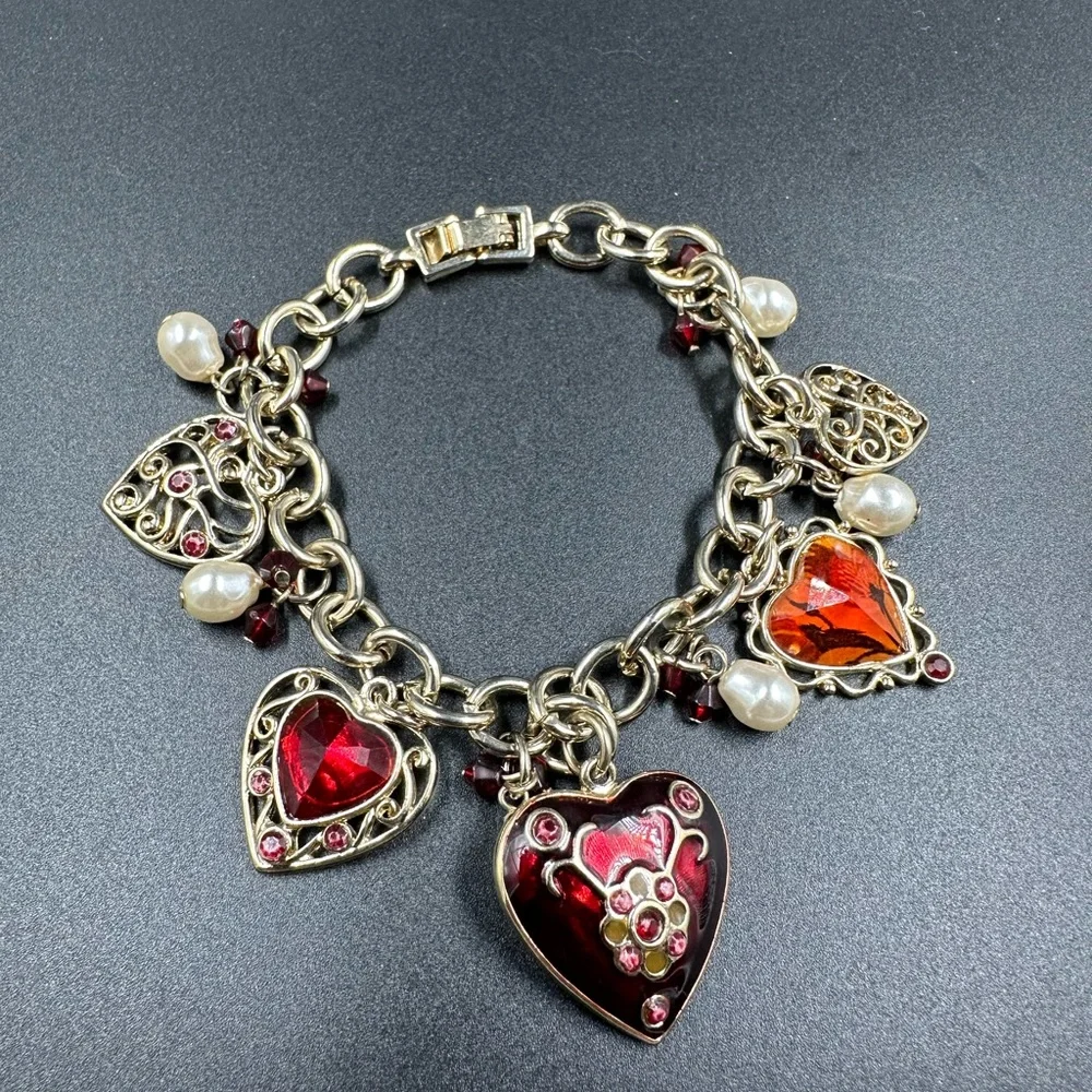 Hearts Charm Bracelet Enamel Pearls and Crystals.
